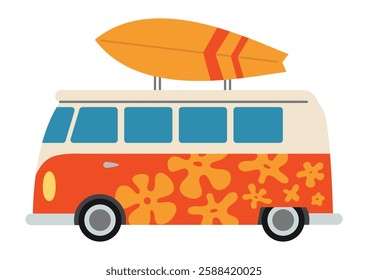 A retro van with surfboard on the roof, decorated with hippie orange flowers. Summer holiday and bus travel concept. Trendy modern vector illustration isolated on white, hand drawn, flat design