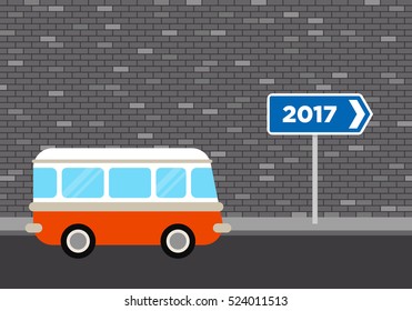 Retro van travel to 2017 concept flat design, used for background, design element, vector illustration