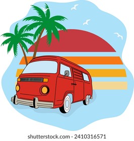 Camión retro. Camioneta para viajar. Vacaciones de verano en un campo forestal. Una ruta turística. Diseño de tarjetas de felicitación, afiches, parches, huellas en ropa, emblemas. Diseño de época.