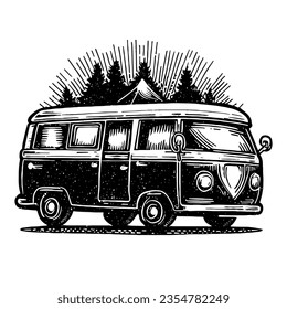 retro van and trees on the background illustration