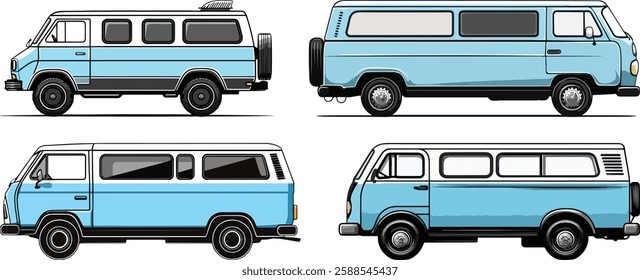 Retro Van Vector Illustration Set, Blue and White, Isolated on White Background