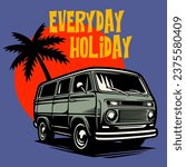 Retro van vector illustration. Vintage design of retro van with everyday holiday text. Minibus with sunset and palm tree illustration