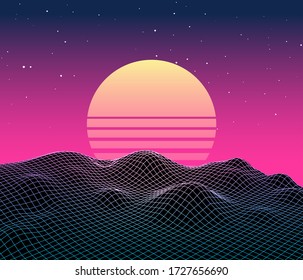 Retro vaporwave backgroud future landscape 80s aesthetic laser synthwave grid