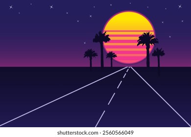 Retro vaporwave background with neon sunset, palm trees, and road under starry sky, evoking 1980s nostalgia and synthwave aesthetics. Nostalgia vector poster with copy space