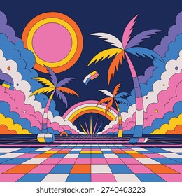 Retro 80’s vaporwave background vector with sunset
