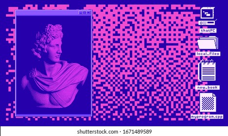 Retro Vaporwave Desktop With Console Window And User Interface Icons. Webpunk Retrofuturistic Nostalgic Style.