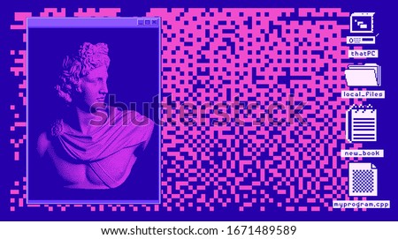 Retro vaporwave desktop with console window and user interface icons. Webpunk retrofuturistic nostalgic style.