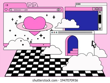 Retro vaporwave desktop with message boxes and user interface elements. Conceptual illustration of dating app.