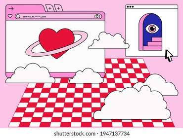 Retro-Vaporwave-Desktop mit Meldungskästen und Elementen der Benutzeroberfläche. Conceptual Illustration of Dating App.