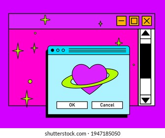 Retro vaporwave desktop with message boxes and user interface elements. Conceptual illustration of dating app.