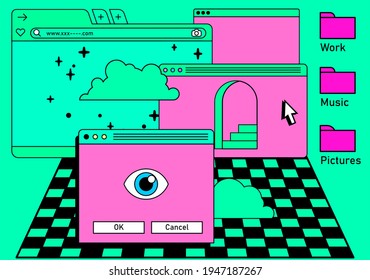 Retro Vaporwave Desktop With Message Boxes And User Interface Elements. Conceptual Illustration Of Computer Virus, Spyware, Ransomware.