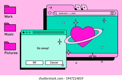 Retro vaporwave desktop with message boxes and user interface elements. Conceptual illustration of dating app.