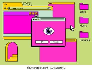 Retro vaporwave desktop with message boxes and user interface elements. A conceptual illustration of website and application programming.