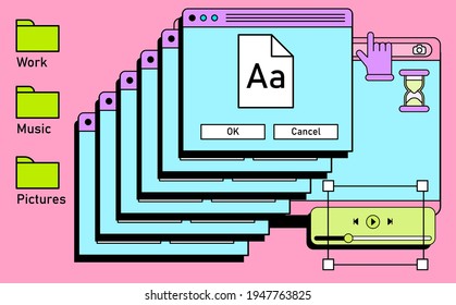 Retro vaporwave desktop with message boxes and user interface elements. A conceptual illustration of website and application programming.