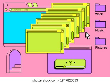 Retro-Vaporwave-Desktop mit Meldungskästen und Elementen der Benutzeroberfläche. Eine konzeptionelle Illustration der Website- und Anwendungsprogrammierung.