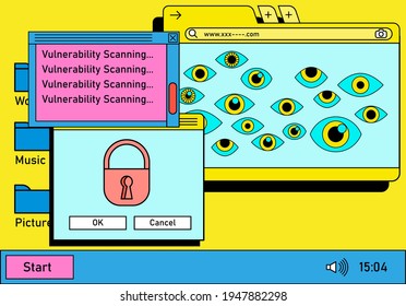 Retro vaporwave desktop with message boxes and user interface elements. A conceptual illustration of ransomware, spyware and computer security.