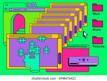 Retro vaporwave desktop with message boxes and user interface elements. A conceptual illustration of website and application programming.