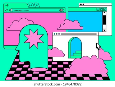 Retro vaporwave desktop with message boxes and user interface elements. A conceptual illustration of website and application programming.