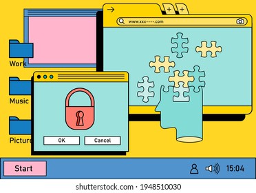 Retro vaporwave desktop with message boxes and user interface elements. A conceptual illustration of website and application programming.
