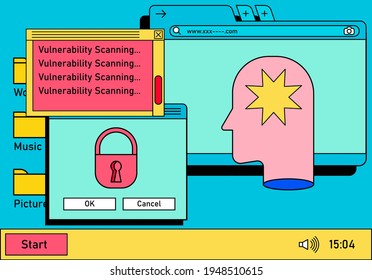 Escritorio retro vaporwave con cuadros de mensaje y elementos de interfaz de usuario. Una ilustración conceptual de la programación de aplicaciones y sitios web.