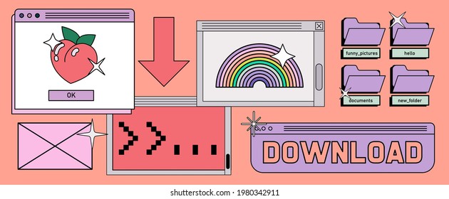 Retro vaporwave desktop with message boxes and user interface elements. A conceptual illustration of website and application programming.