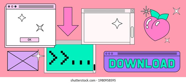 Retro vaporwave desktop with message boxes and user interface elements. A conceptual illustration of website and application programming.