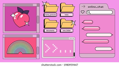 Retro vaporwave desktop with message boxes and user interface elements. A conceptual illustration of website and application programming.