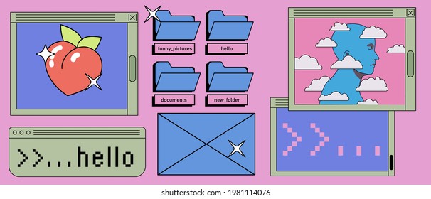 Retro vaporwave desktop with message boxes and user interface elements. A conceptual illustration of website and application programming.