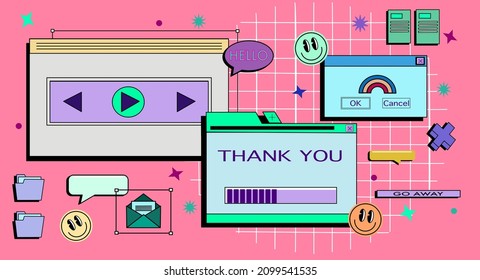 Retro vaporwave desktop with message boxes and user interface elements.web banner template in retro  90s style. Vector illustration of UI and UX. Simple illustration 90s inspired background template