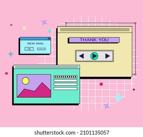 Retro vaporwave desktop with message boxes and user interface elements.web banner template in retro  90s style. Vector illustration of UI and UX. Simple illustration 90s inspired background template