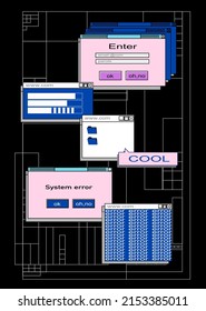 Retro vaporwave desktop with message boxes and user interface elements.web banner template in retro 90s style. Vector illustration of UI and UX. Simple illustration 90s inspired background template