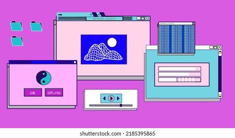 Retro vaporwave desktop with message boxes and user interface elements.web banner template in retro 90s style. Vector illustration of UI and UX. Simple illustration 90s inspired background template