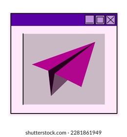 Escritorio retro vaporwave con cajas de mensajes con plano de papel y elementos de interfaz de usuario. Pantalla de computadora con programas y aplicaciones. Ilustración vectorial de UI y UX. 