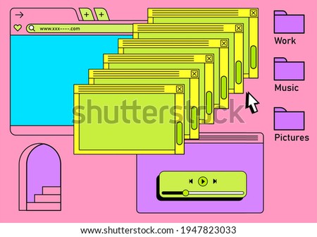 Retro vaporwave desktop with message boxes and user interface elements. A conceptual illustration of website and application programming.