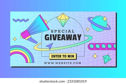 Retro vaporwave giveaway horizontal banner. Social media story design template with loudspeaker, planet and rainbow stickers in 90s vintage style. Computer window with prize drawings announcement.