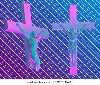 Retro Vaporwave Jesus On The Cross. Vector 3D Rendering