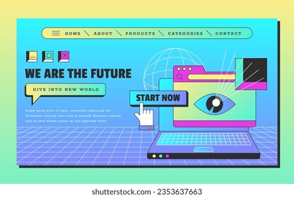 Retro-Vaporwave-Landing-Seite. Design-Vorlage für Social Media mit Laptop, Browser-Karteikarte und öffnen Sie die Webseite. Computerfenster mit grafischen Aufklebern im Vintage-Stil der 90er Jahre, flache Vektorgrafik