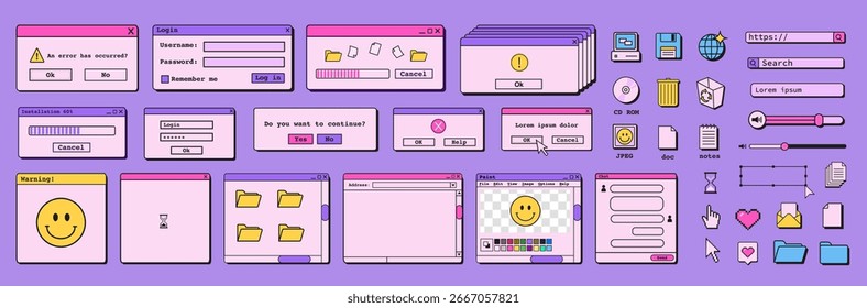 Conjunto de interface do usuário da interface móvel e desktop retro vaporwave. janelas de diálogo estilo 90s, bolhas de bate-papo e ícones. Ilustração de vetor de estilo plano.