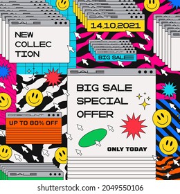 Retro Vaporwave Promo Artwork. Big Sale Special Offer Promo Banner Vector Design. 1960s style illustration. Computer Window with Special Offer.