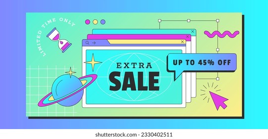 Retro vaporwave sale horizontal banner. Social media story design template with in 90s style. Computer windows with special offer. Vintage discount frame with abstract geometric linear.