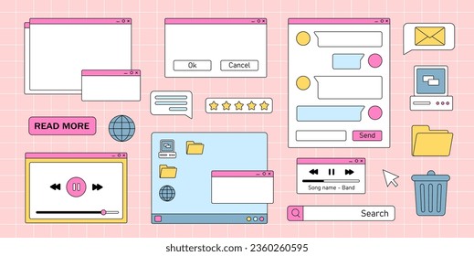 Retro vaporwave set. Old style user interface elements. Folders and documents. Graphic elements for website and software. Cartoon flat vector collection isolated on pink background