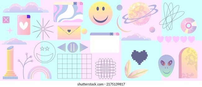 Retro vaporwave set y2k style. Aesthetic pop interface. Flat vector illustration. Digital space. Ui design. Y2k aesthetic. Retro vector illustration