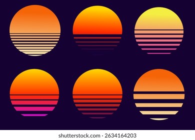 Retro vaporwave sun futuristic sunrise. Cyberpunk geometric planet. Synthwave vintage. Sun circle retrowave abstract.