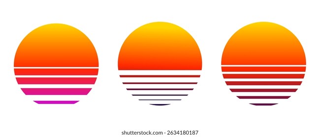 Retro vaporwave sun futuristic sunrise. Cyberpunk geometric planet. Synthwave vintage. Sun circle retrowave abstract.