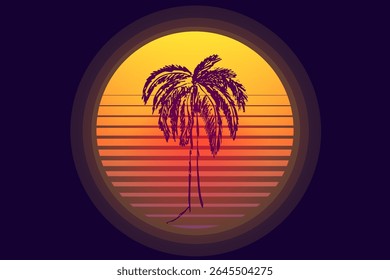 Retro vaporwave sun futuristic sunrise. Cyberpunk geometric planet. Synthwave vintage. Sun circle retrowave abstract.
