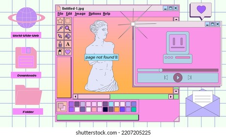 Retro vaporwave user interface with modal dialog window box of a graphic design software and editor program and picture of a Venus statue in pastel cute colors.