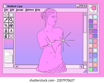 Retro vaporwave user interface with modal dialog window box of a graphic design software and editor program and picture of a Venus statue in pastel cute colors.