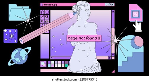 Retro vaporwave user interface with modal dialog window box of a graphic design software and editor program and picture of a Venus statue in pastel cute colors.