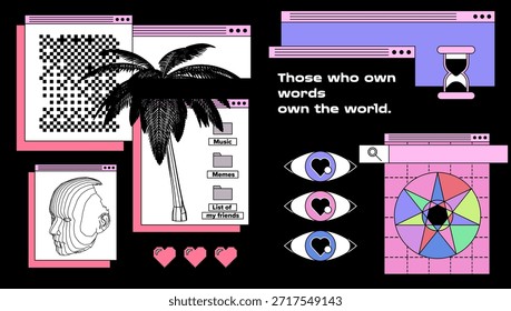 Retro vaporwave vector illustration with overlapping pink-bordered windows displaying palm trees, wireframe heads, icons, and the quote "Those who own words own the world" on a black background. Conceptual vector illustration for digital nostalgia, internet culture, memetics, language power, and 90s cyber aesthetics.