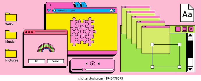 Área de trabalho retro vaporwave com caixas de mensagens e elementos de interface do usuário. Uma ilustração conceitual da programação de sites e aplicativos.